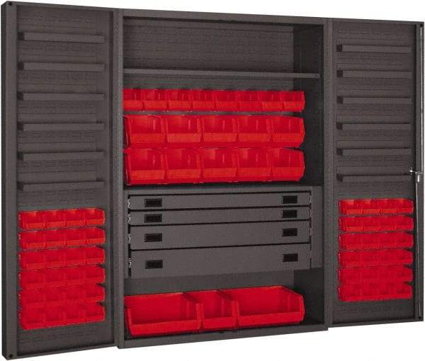 Durham - 2 Shelf 69 Bin Storage Cabinet - Steel, 48" Wide x 24" Deep x 72" High, Red - Caliber Tooling