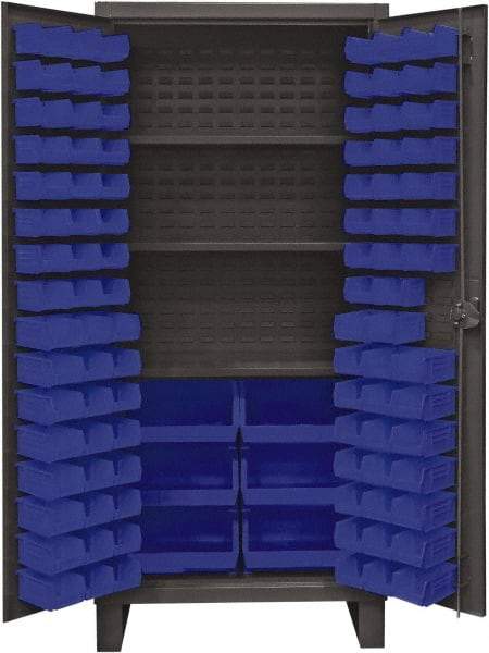 Durham - 3 Shelf 102 Bin Storage Cabinet - Steel, 36" Wide x 24" Deep x 78" High, Blue - Caliber Tooling