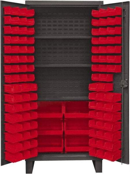 Durham - 3 Shelf 102 Bin Storage Cabinet - Steel, 36" Wide x 24" Deep x 78" High, Red - Caliber Tooling