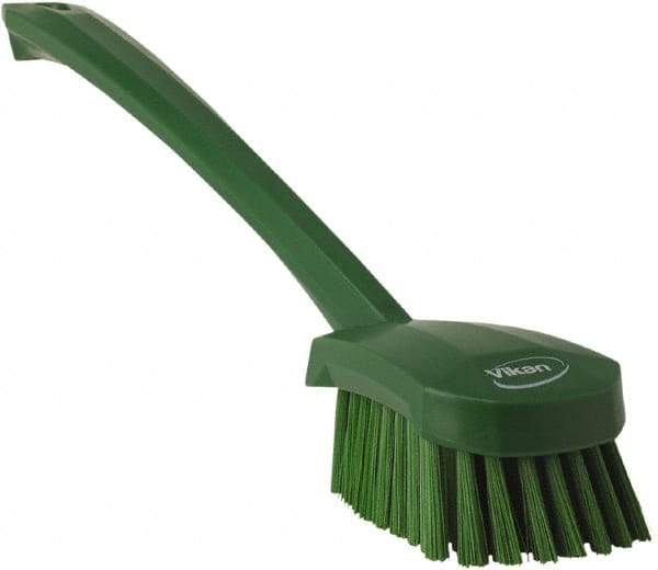 Vikan - 1.3" Bristle Length, Polyester Scrub Brush - 4" Long x 2-3/4" Wide Head, 15-3/4" OAL, Green, Polypropylene Block - Caliber Tooling