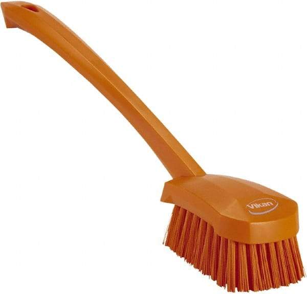 Vikan - 1.3" Bristle Length, Polyester Scrub Brush - 4" Long x 2-3/4" Wide Head, 15-3/4" OAL, Orange, Polypropylene Block - Caliber Tooling