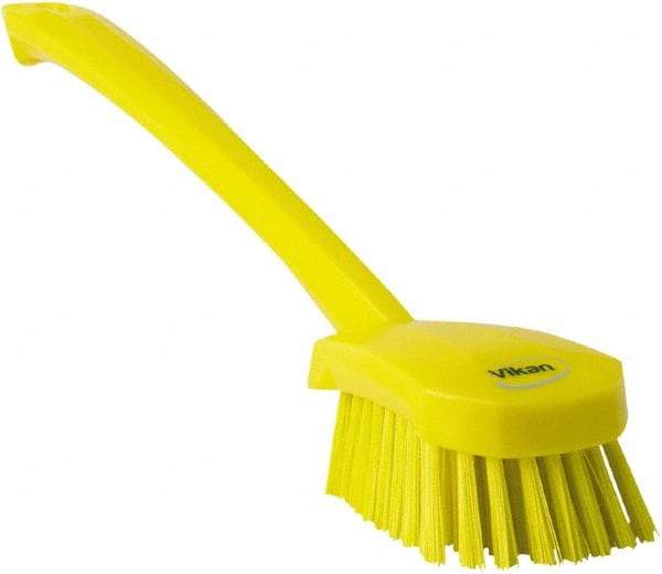 Vikan - 1.3" Bristle Length, Polyester Scrub Brush - 4" Long x 2-3/4" Wide Head, 15-3/4" OAL, Yellow, Polypropylene Block - Caliber Tooling