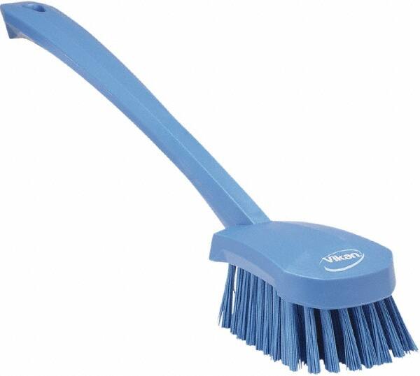 Vikan - 1.3" Bristle Length, Polyester Scrub Brush - 4" Long x 2-3/4" Wide Head, 15-3/4" OAL, Blue, Polypropylene Block - Caliber Tooling