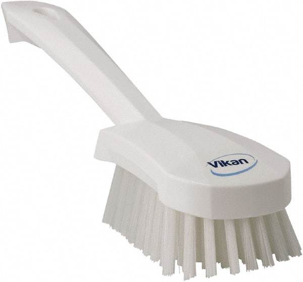 Vikan - 1.3" Bristle Length, Polyester Scrub Brush - 4-1/4" Long x 2-3/4" Wide Head, 10" OAL, White, Polypropylene Block - Caliber Tooling