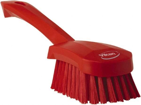 Vikan - 1.3" Bristle Length, Polyester Scrub Brush - 4-1/4" Long x 2-3/4" Wide Head, 10" OAL, Red, Polypropylene Block - Caliber Tooling