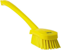 Vikan - 1.3" Bristle Length, Polyester Scrub Brush - 4" Long x 2-3/4" Wide Head, 15-3/4" OAL, Yellow, Polypropylene Block - Caliber Tooling