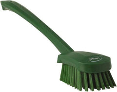 Vikan - 1.3" Bristle Length, Polyester Scrub Brush - 4" Long x 2-3/4" Wide Head, 15-3/4" OAL, Green, Polypropylene Block - Caliber Tooling