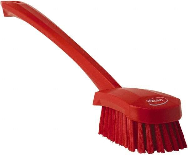 Vikan - 1.3" Bristle Length, Polyester Scrub Brush - 4" Long x 2-3/4" Wide Head, 15-3/4" OAL, Red, Polypropylene Block - Caliber Tooling