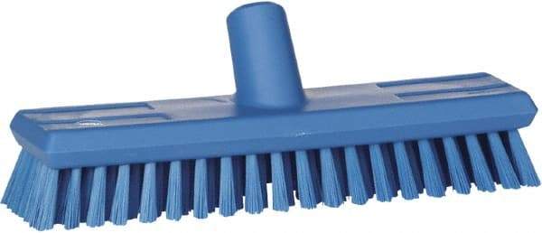 Vikan - 1.3" Bristle Length, Polyester Scrub Brush - 10-3/4" Long x 2-1/2" Wide Head, 11" OAL, European Threaded Handle, Blue, Polypropylene Block - Caliber Tooling