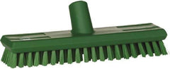 Vikan - 1" Bristle Length, Polyester Scrub Brush - 10-5/8" Long x 2-1/2" Wide Head, 11" OAL, European Threaded Handle, Green, Polypropylene Block - Caliber Tooling