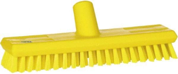 Vikan - 1" Bristle Length, Polyester Scrub Brush - 10-5/8" Long x 2-1/2" Wide Head, 11" OAL, European Threaded Handle, Yellow, Polypropylene Block - Caliber Tooling