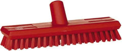 Vikan - 1" Bristle Length, Polyester Scrub Brush - 10-5/8" Long x 2-1/2" Wide Head, 11" OAL, European Threaded Handle, Red, Polypropylene Block - Caliber Tooling