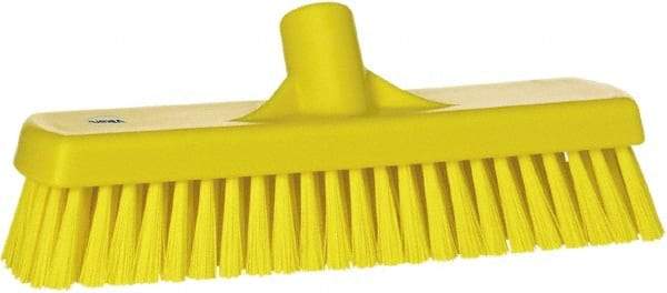 Vikan - 1.7" Bristle Length, Polyester Scrub Brush - 11-1/4" Long x 3" Wide Head, 12" OAL, European Threaded Handle, Yellow, Polypropylene Block - Caliber Tooling