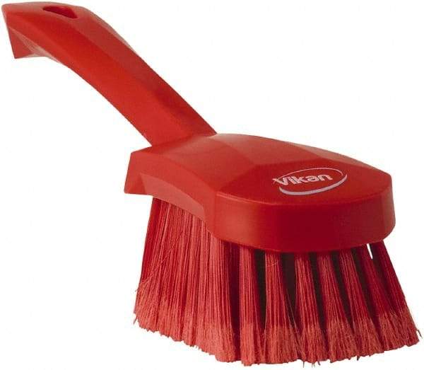 Vikan - 1.8" Bristle Length, Polyester Scrub Brush - 4-1/4" Long x 2-3/4" Wide Head, 10" OAL, Red, Polypropylene Block, Flagged - Caliber Tooling