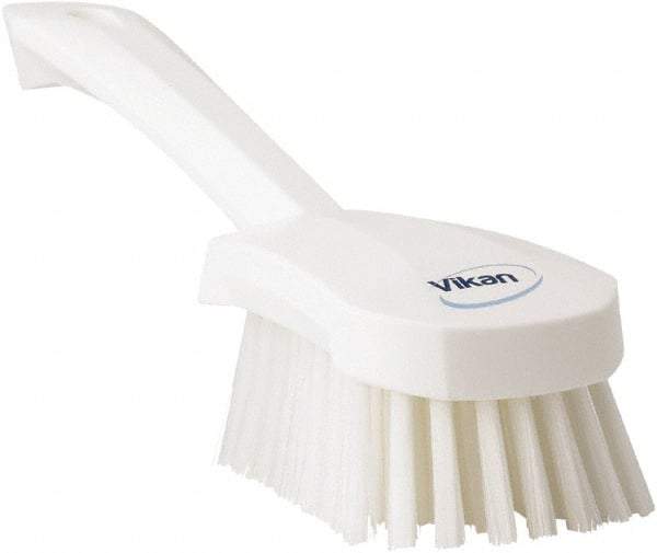 Vikan - 1.3" Bristle Length, Polyester Scrub Brush - 4-1/4" Long x 2-3/4" Wide Head, 10" OAL, White, Polypropylene Block - Caliber Tooling