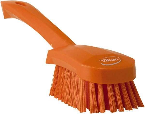 Vikan - 1.3" Bristle Length, Polyester Scrub Brush - 4-1/4" Long x 2-3/4" Wide Head, 10" OAL, Orange, Polypropylene Block - Caliber Tooling