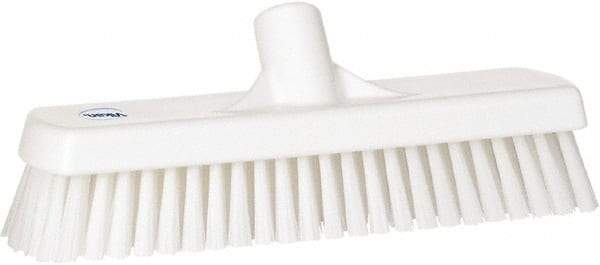 Vikan - 1.7" Bristle Length, Polyester Scrub Brush - 11-1/4" Long x 3" Wide Head, 12" OAL, European Threaded Handle, White, Polypropylene Block - Caliber Tooling