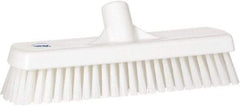 Vikan - 1.7" Bristle Length, Polyester Scrub Brush - 11-1/4" Long x 3" Wide Head, 12" OAL, European Threaded Handle, White, Polypropylene Block - Caliber Tooling