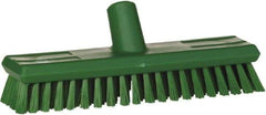 Vikan - 1.3" Bristle Length, Polyester Scrub Brush - 10-3/4" Long x 2-1/2" Wide Head, 11" OAL, European Threaded Handle, Green, Polypropylene Block - Caliber Tooling