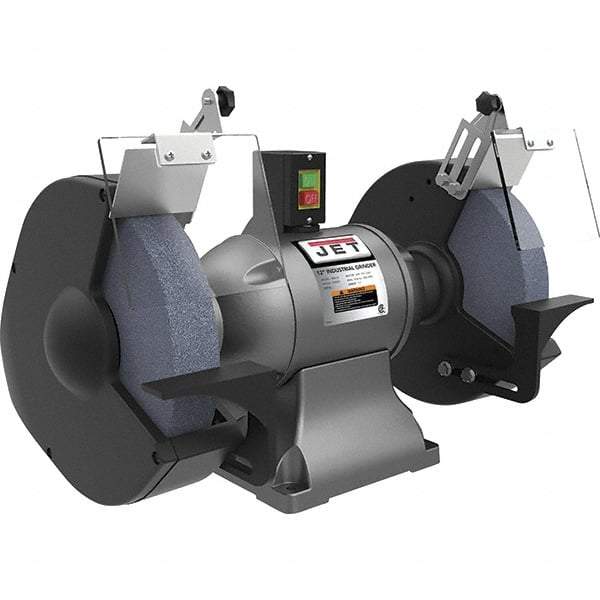 Jet - 12" Wheel Diam x 1" Wheel Width, 2 hp Grinder - 1-1/4" Arbor Hole Diam, 1 Phase, 1,720 Max RPM, 230 Volts - Caliber Tooling