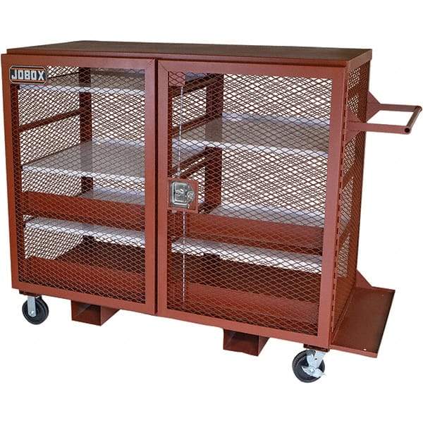 Jobox - 1,500 Lb Capacity, 5 Shelf, 5 Drawer, 4 Bin, 5 Tray, 2 Door Mobile Mesh Cabinet - 33" Wide x 75" Deep x 55" High, Steel, Brown - Caliber Tooling