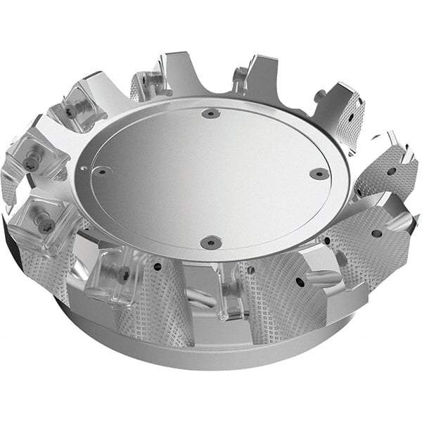 Seco - 4.92" Cut Diam, 1-1/2" Arbor Hole, 9mm Max Depth of Cut, 48° Indexable Chamfer & Angle Face Mill - 8 Inserts, Right Hand Cut, 8 Flutes, Through Coolant, Series R220.54 - Caliber Tooling