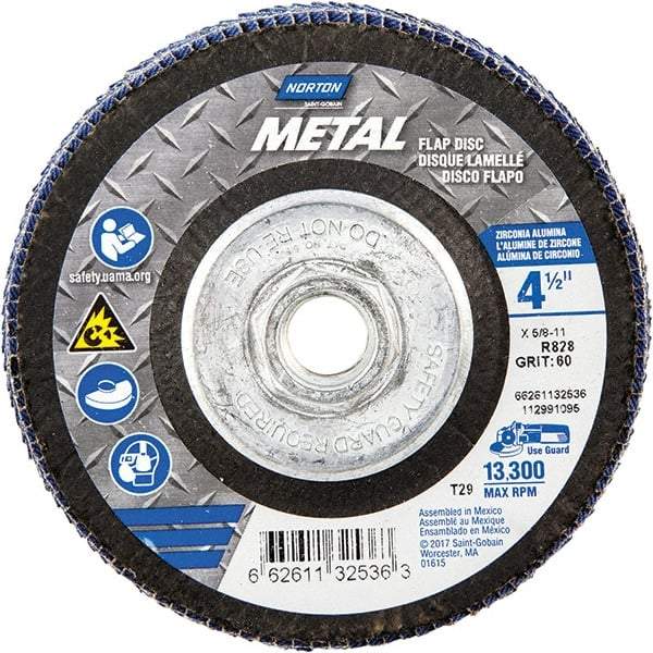 Norton - 60 Grit, 4-1/2" Disc Diam, 5/8-11 Center Hole, Type 29 Zirconia Alumina Flap Disc - 13,300 Max RPM, Fiberglass Backing, Arbor Attaching System, Coated - Caliber Tooling