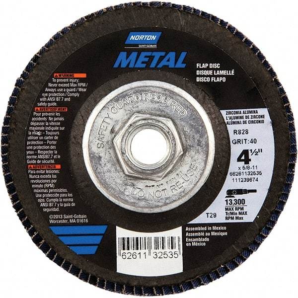 Norton - 40 Grit, 4-1/2" Disc Diam, 5/8-11 Center Hole, Type 29 Zirconia Alumina Flap Disc - 13,300 Max RPM, Fiberglass Backing, Arbor Attaching System, Coated - Caliber Tooling