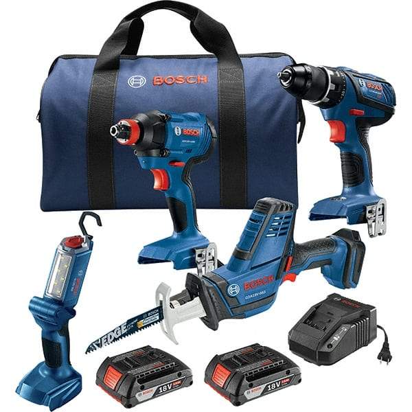 Bosch - 13 Piece 18 Volt Cordless Tool Combination Kit - Includes 1/2" Compact Drill/Driver, Impact Driver, Compact Reciprocating Saw & Work Light, Lithium-Ion Battery Included - Caliber Tooling