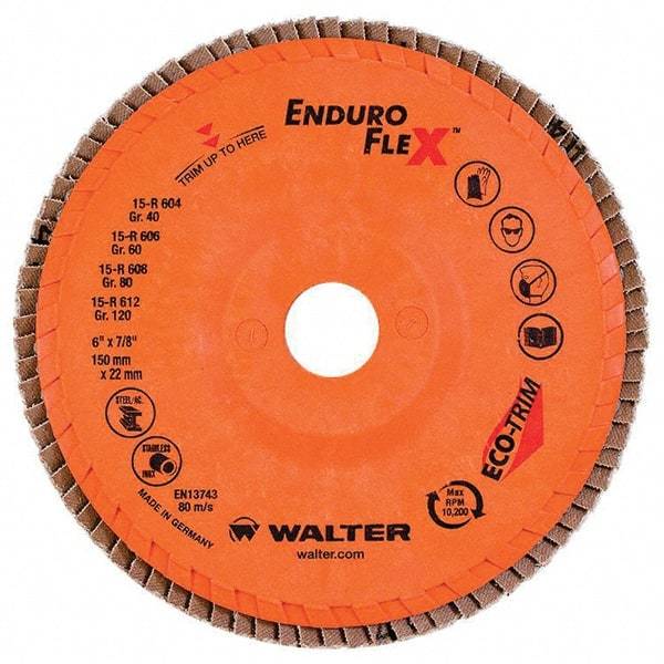 WALTER Surface Technologies - 120 Grit, 6" Disc Diam, 7/8" Center Hole, Type 27 Zirconia Alumina Flap Disc - 10,200 Max RPM, Poly Cotton Backing, Threaded Hole Attaching System, Coated - Caliber Tooling