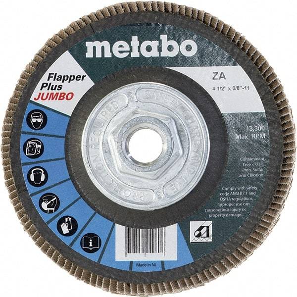 Metabo - 40 Grit, 4-1/2" Disc Diam, 5/8-11 Center Hole, Type 29 Zirconia Alumina Flap Disc - 13,300 Max RPM, Fiberglass Backing, Arbor Attaching System, Coated - Caliber Tooling