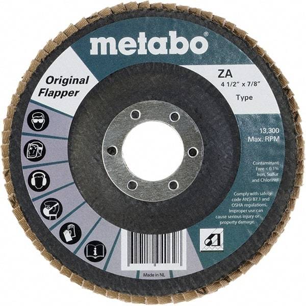 Metabo - 60 Grit, 4-1/2" Disc Diam, 7/8" Center Hole, Type 27 Zirconia Alumina Flap Disc - 13,300 Max RPM, Fiberglass Backing, Arbor Attaching System, Coated - Caliber Tooling