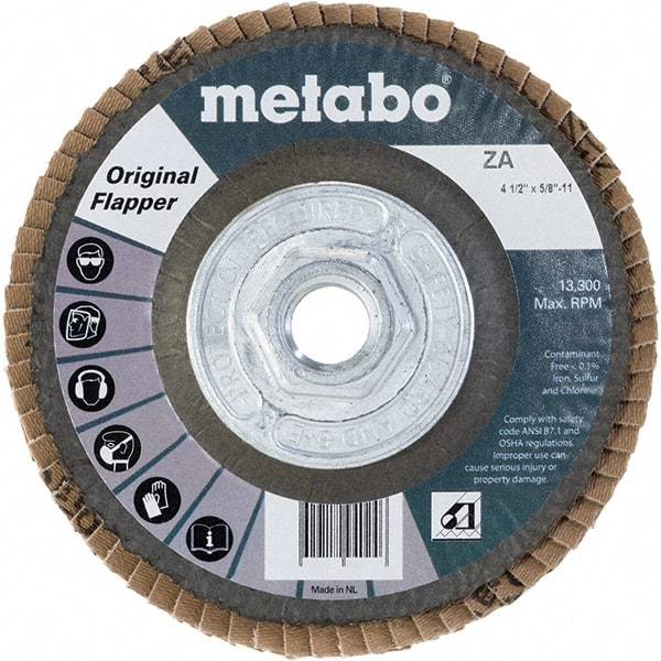 Metabo - 60 Grit, 4-1/2" Disc Diam, 5/8-11 Center Hole, Type 29 Zirconia Alumina Flap Disc - 13,300 Max RPM, Fiberglass Backing, Arbor Attaching System, Coated - Caliber Tooling