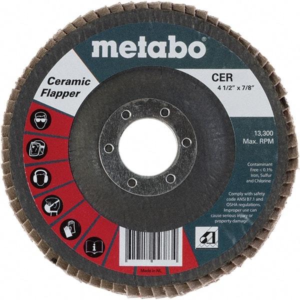 Metabo - 40 Grit, 4-1/2" Disc Diam, 5/8-11 Center Hole, Type 29 Ceramic Flap Disc - 13,300 Max RPM, Fiberglass Backing, Arbor Attaching System, Coated - Caliber Tooling