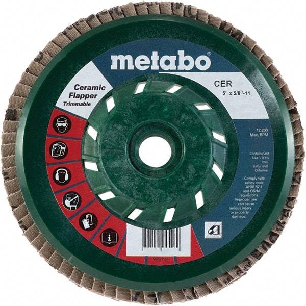 Metabo - 80 Grit, 5" Disc Diam, 5/8-11 Center Hole, Type 29 Ceramic Flap Disc - 12,200 Max RPM, Plastic Backing, Arbor Attaching System, Coated - Caliber Tooling