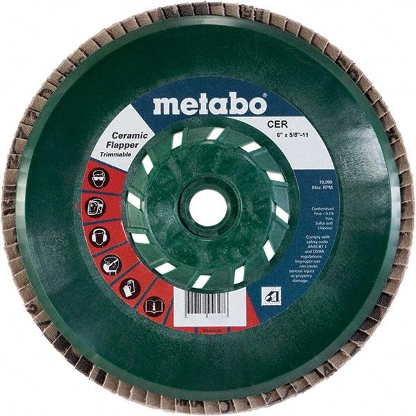 Metabo - 40 Grit, 6" Disc Diam, 5/8-11 Center Hole, Type 29 Ceramic Flap Disc - 10,200 Max RPM, Plastic Backing, Arbor Attaching System, Coated - Caliber Tooling