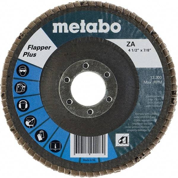 Metabo - 40 Grit, 4-1/2" Disc Diam, 7/8" Center Hole, Type 29 Zirconia Alumina Flap Disc - 13,300 Max RPM, Fiberglass Backing, Arbor Attaching System, Coated - Caliber Tooling