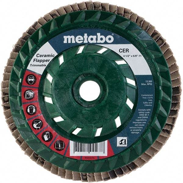 Metabo - 60 Grit, 4-1/2" Disc Diam, 5/8-11 Center Hole, Type 29 Ceramic Flap Disc - 13,300 Max RPM, Plastic Backing, Arbor Attaching System, Coated - Caliber Tooling