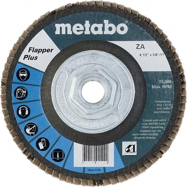 Metabo - 40 Grit, 4-1/2" Disc Diam, 5/8-11 Center Hole, Type 27 Zirconia Alumina Flap Disc - 13,300 Max RPM, Fiberglass Backing, Arbor Attaching System, Coated - Caliber Tooling