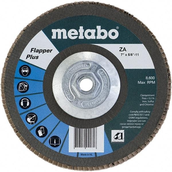 Metabo - 40 Grit, 7" Disc Diam, 5/8-11 Center Hole, Type 27 Zirconia Alumina Flap Disc - 8,500 Max RPM, Fiberglass Backing, Arbor Attaching System, Coated - Caliber Tooling