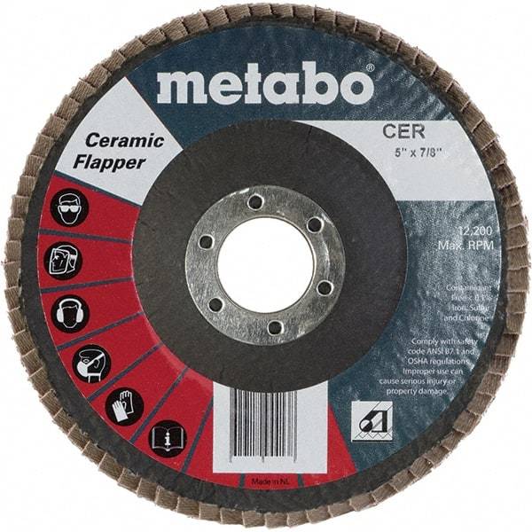 Metabo - 60 Grit, 5" Disc Diam, 7/8" Center Hole, Type 29 Ceramic Flap Disc - 12,200 Max RPM, Fiberglass Backing, Arbor Attaching System, Coated - Caliber Tooling