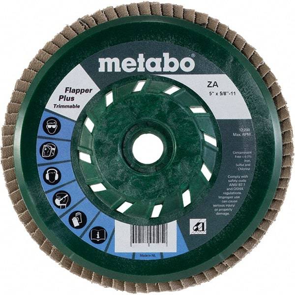 Metabo - 80 Grit, 5" Disc Diam, 5/8-11 Center Hole, Type 29 Zirconia Alumina Flap Disc - 12,200 Max RPM, Plastic Backing, Arbor Attaching System, Coated - Caliber Tooling