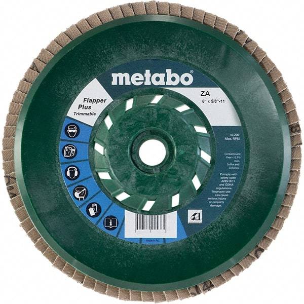 Metabo - 40 Grit, 6" Disc Diam, 5/8-11 Center Hole, Type 29 Zirconia Alumina Flap Disc - 10,200 Max RPM, Plastic Backing, Arbor Attaching System, Coated - Caliber Tooling