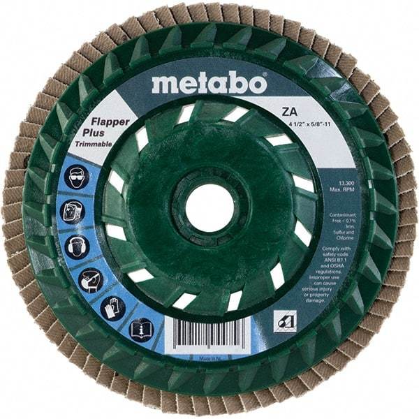 Metabo - 60 Grit, 4-1/2" Disc Diam, 5/8-11 Center Hole, Type 29 Zirconia Alumina Flap Disc - 13,300 Max RPM, Plastic Backing, Arbor Attaching System, Coated - Caliber Tooling