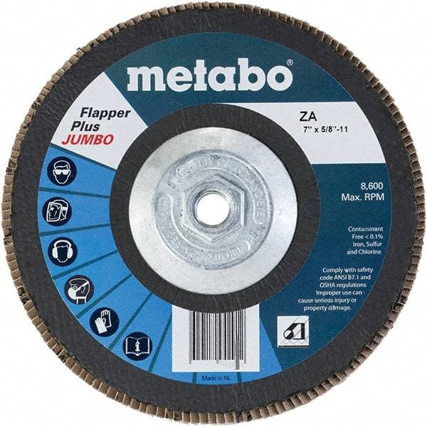 Metabo - 40 Grit, 7" Disc Diam, 5/8-11 Center Hole, Type 29 Zirconia Alumina Flap Disc - 8,600 Max RPM, Fiberglass Backing, Arbor Attaching System, Coated - Caliber Tooling