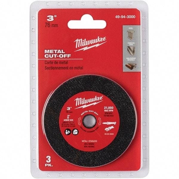 Milwaukee Tool - 3" 60 Grit Aluminum Oxide Cutoff Wheel - 3/64" Thick, 3/8" Arbor, 20,000 Max RPM, Use with Die & Angle Grinders & Circular Saws - Caliber Tooling