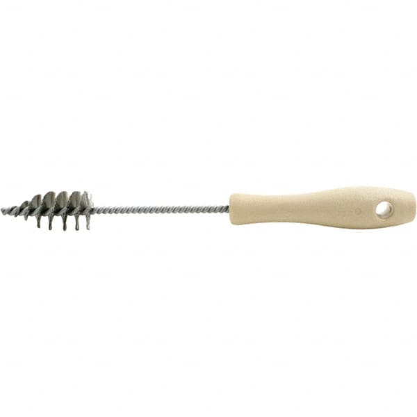 Brush Research Mfg. - 1" Diam Helical Stainless Steel Tube Brush - Single Spiral, 0.006" Filament Diam, 2-3/16" Brush Length, 10-1/2" OAL, 0.22" Diam Plastic Handle Shank - Caliber Tooling