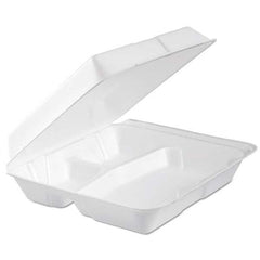 DART - Foam Hinged Lid Container, 3-Comp, 9.3 x 9 1/2 x 3, White, 100/Bag, 2 Bag/Carton - Caliber Tooling