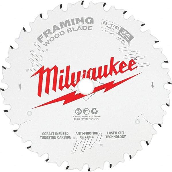 Milwaukee Tool - 6-1/2" Diam, 5/8" Arbor Hole Diam, 24 Tooth Wet & Dry Cut Saw Blade - Tungsten Carbide-Tipped, Framing Action, Standard Round Arbor - Caliber Tooling