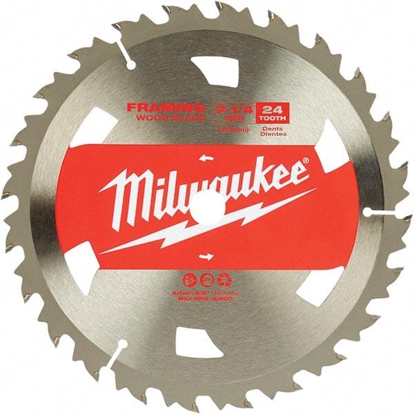 Milwaukee Tool - 7-1/4" Diam, 5/8" Arbor Hole Diam, 24 Tooth Wet & Dry Cut Saw Blade - Tungsten Carbide-Tipped, Framing Action, Standard Round Arbor - Caliber Tooling